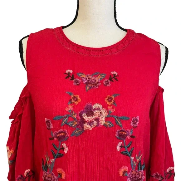 Umgee Dress Women's Size Medium Red Bubble Sleeves Embroidered Boho - Picture 2 of 7